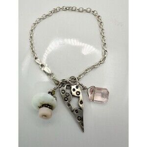 925 Italy Sterling Silver Heart Charm Semi Gemstone Bracelet 7”